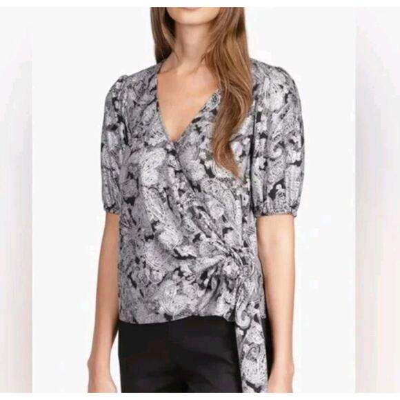 MICHAEL KORS Womens Black Silver Metallic Faux Wrap Top NWT 3X Holiday Festive - Picture 1 of 11